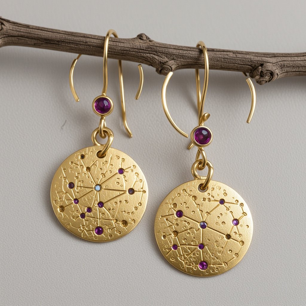 Серьги и кулон в одном стиле. Светлое матовое состаренное мятое золото. На круге изобрежены созвездия. Очень маленькие сиреневые камушки. 