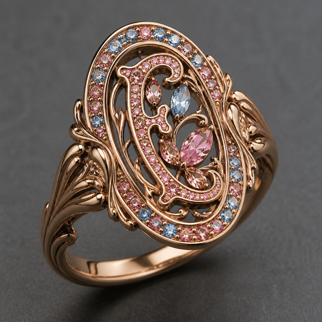 A art nouveau women's ring. anel de 15 anos com inicial E com pedras rosa dentro com azul e rosa em volta
photorealistic jewelry design, A art nouveau women's ring. anel de 15 anos com inicial E com pedras rosa dentro com azul e rosa em volta, art_nouveau style, just the design no text