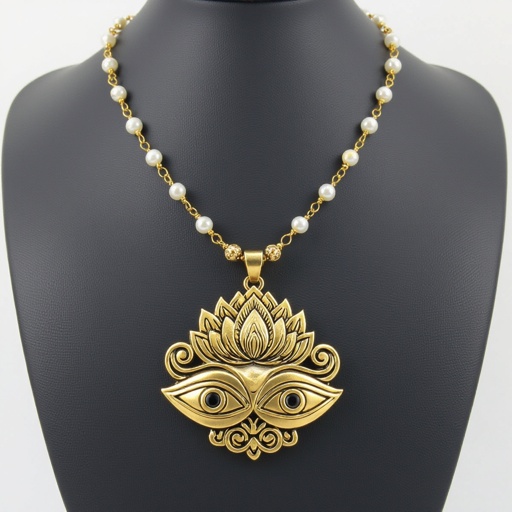 Кулон на длинной цепочке. Матовое светлое золото. В цепочке небольшие золотые шарики и жемчуг. Кулон в виде двух глаз над ними лотос узоры завитушки 
