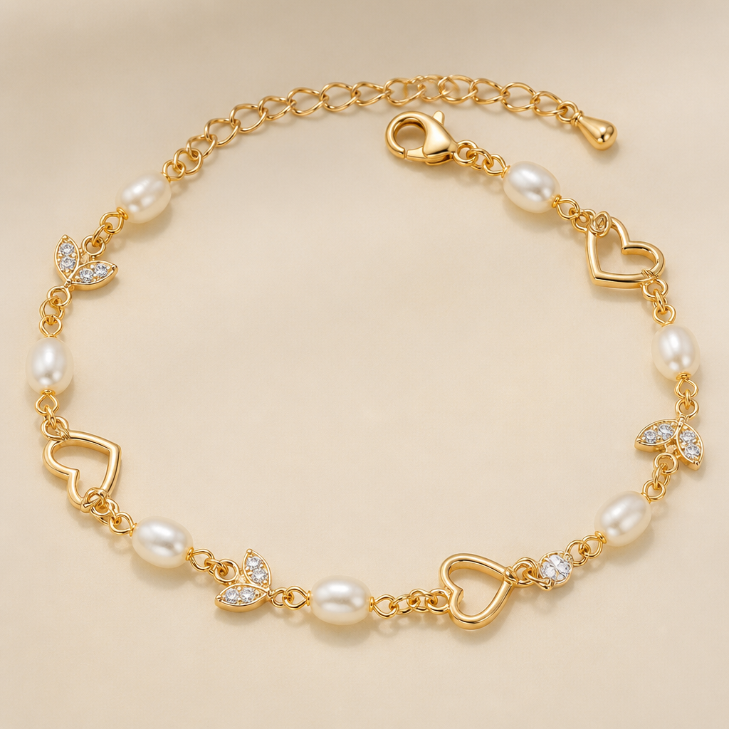 A romantic women's bracelet made of gold with pearl stones. perlas de 3x5 mm
photorealistic jewelry design, A romantic women's bracelet made of gold with pearl stones. perlas de 3x5 mm, romantic style, just the design no text