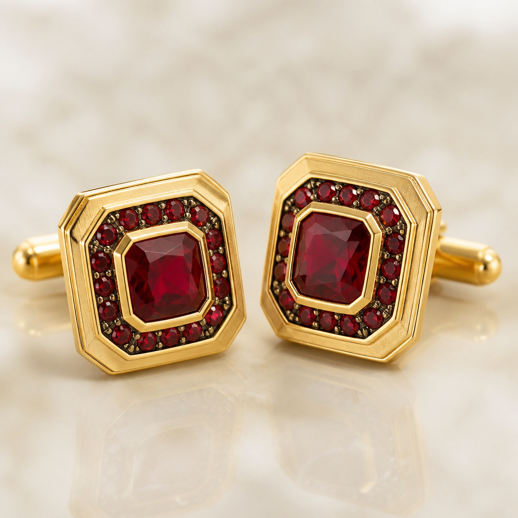 A gold men's cufflinks with ruby and garnet stones suitable for anniversary
photorealistic jewelry design, A gold men's cufflinks with ruby and garnet stones suitable for anniversary, gold style, just the design no text