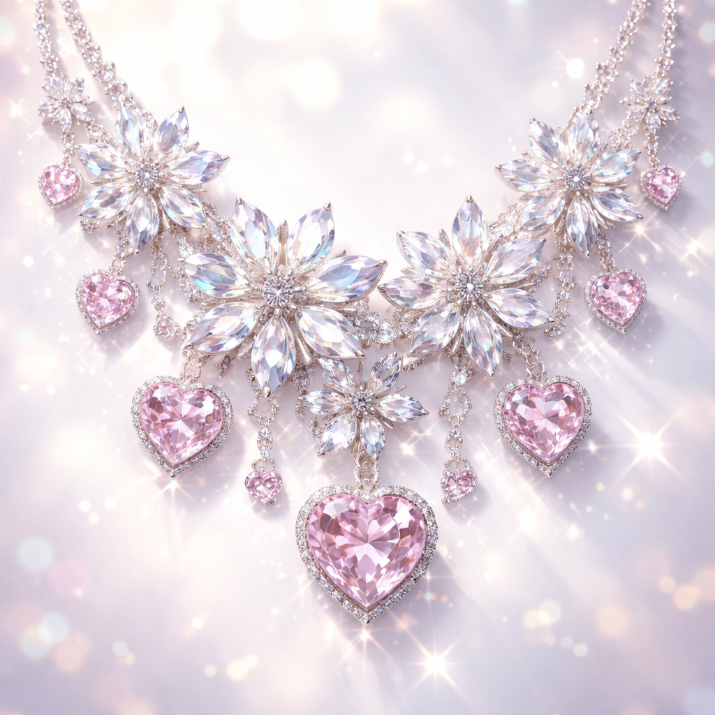 Necklace with crystal flowers and hearts
