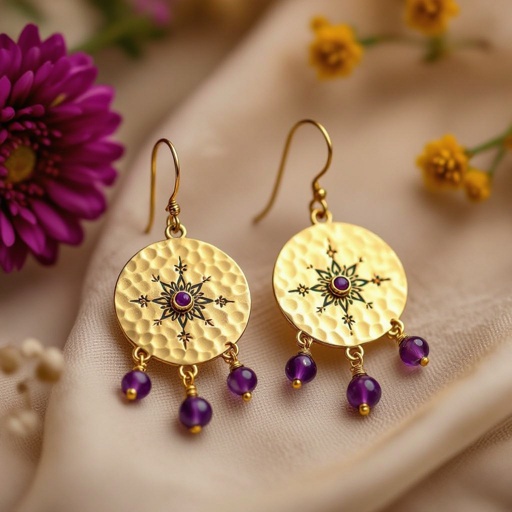 Серьги длинные на цепочках матовое золото мятое. Символ схематично созвездие. Маленькие фиолетовые камушки