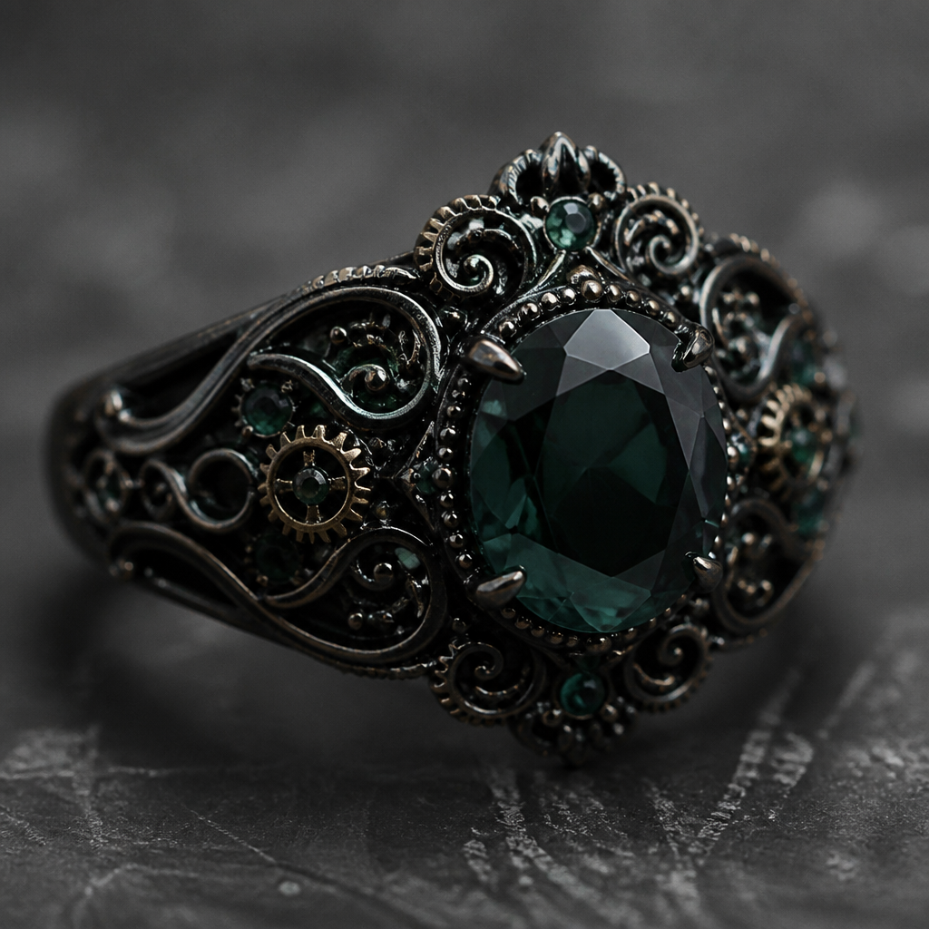 Dark green, feminine, dark queen, ring
photorealistic jewelry design, Dark green, feminine, dark queen, ring, steampunk style, just the design no text