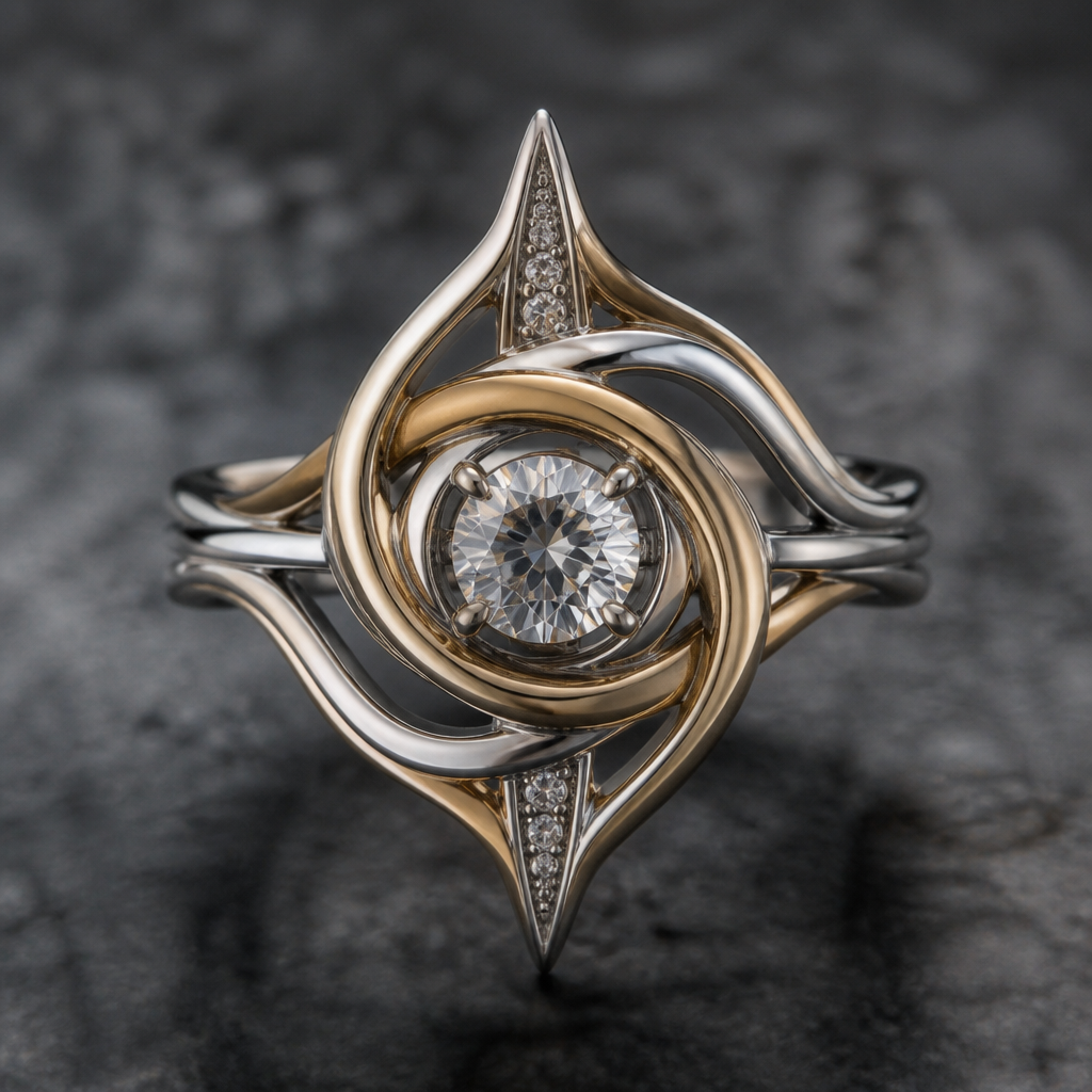 A avant-garde women's ring made of mixed metal with diamond stones suitable for festival. An extraordinary excellent beautiful delicate and elegant solitaire women ring. Face of the ring.
photorealistic jewelry design, A avant-garde women's ring made of mixed metal with diamond stones suitable for festival. An extraordinary excellent beautiful delicate and elegant solitaire women ring. Face of the ring., avant_garde style, just the design no text