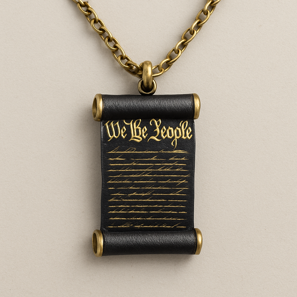 A necklace on a 24” staggered chain with a pendant straw 4 inches long that is a rolled up version of the United States constitution “We The People” can be read and is indented as well as the rolled up paper lines. It is black with gold writing. 