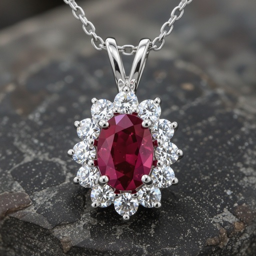 7x5 pigeon blood ruby with 8 marquis diamonds each .08ct set in white gold pendant 