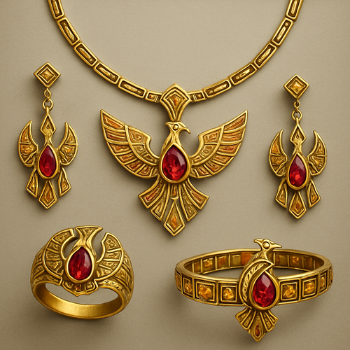 A full Ruby jewelry set including bracelet, earrings and rings with at least 10 citrine and topaz inlays with phoenix themes and an omega necklace