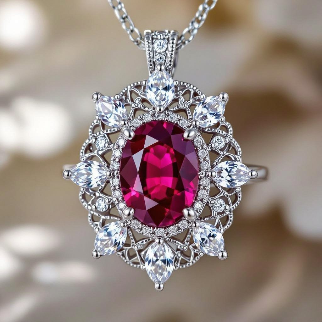 7x5mm oval pigeon blood ruby with 8 marquis cut diamonds each .08ct set in white gold pendant 