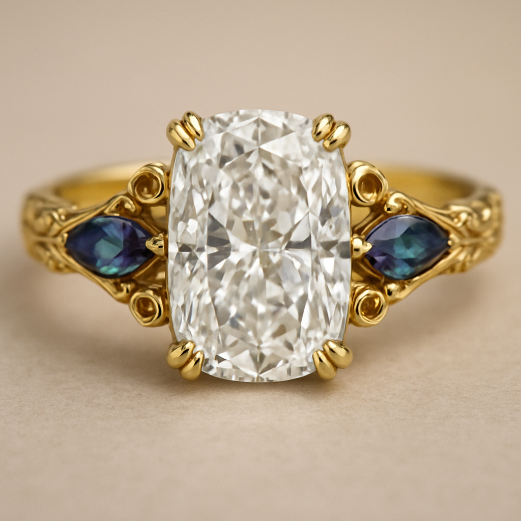 2 carat elongated cushion cut diamond engagement ring with double claw prongs in yellow gold ring with marquise shaped alexandrite side stones