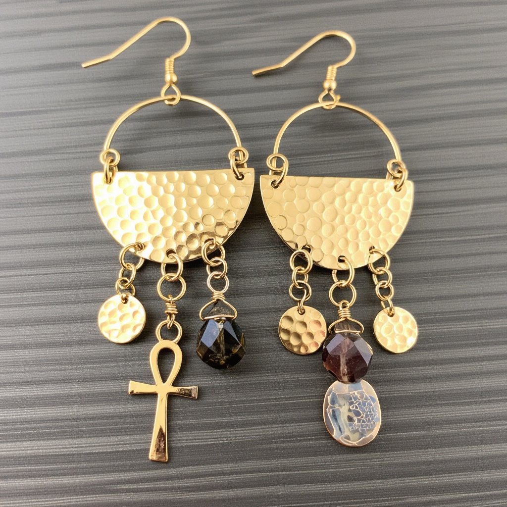 Золотые серьги словно мятое золото в форме узкого изящного полумесяца. Верхушка полумесяца крепится к застежке серьги. К нижней части полумесяца крепятся три подвески: миниатюрный золотой египетриский крест, очень маленький кристалл раухтопаза и маленький золотой кружочек с мятым эффектом плоский