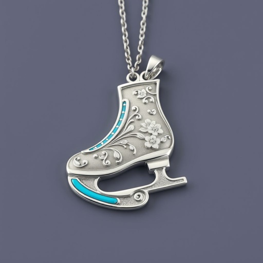 Silver Pendant shape one ice skate with turquoise stripe inside the low thin part blade