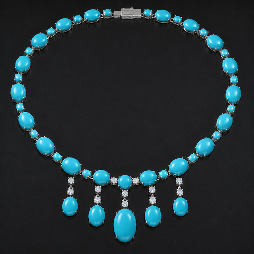 make the hanging turquoise different sizes
edit the attached jewelry design with these instructions: make the hanging turquoise different sizes. keep it photorealistic, just the design no text