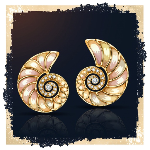 Золотые серьги в виде золотой спиральной ракушки украшенной тремя маленькими камнями 