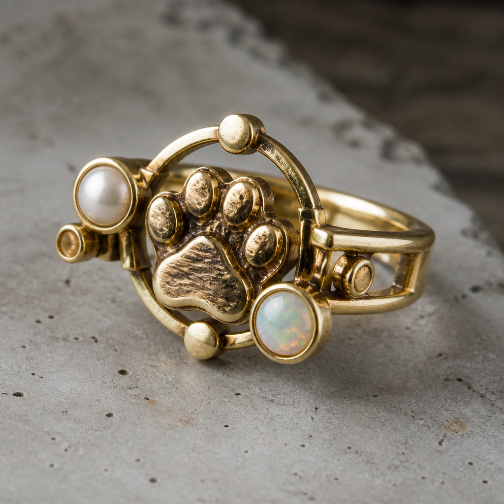 A industrial women's ring made of gold with pearl and opal stones suitable for gift. collar de patita de perrito
photorealistic jewelry design, A industrial women's ring made of gold with pearl and opal stones suitable for gift. collar de patita de perrito, industrial style, just the design no text