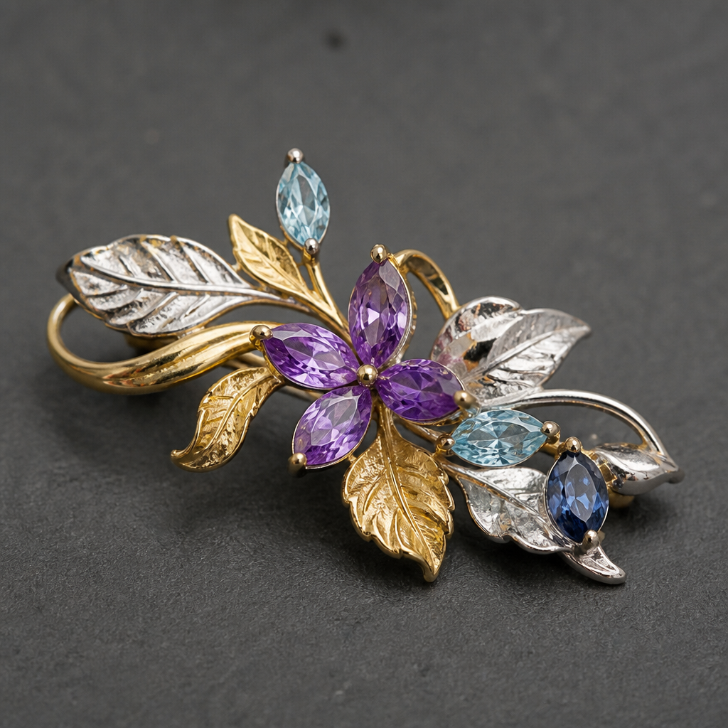A nature women's brooch made of mixed metal with amethyst and aquamarine and sapphire stones suitable for daily wear
photorealistic jewelry design, A nature women's brooch made of mixed metal with amethyst and aquamarine and sapphire stones suitable for daily wear, nature_inspired style, just the design no text