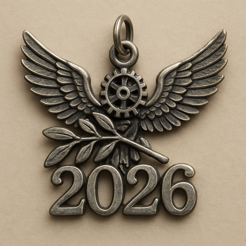 Silver cut-out charm blending together only the two spread out wings of a bird, an olive branch and  along year 2026