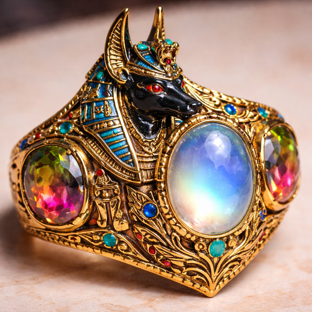 A beautiful gold ring with Egyptian jackal man and a beautiful moonstone and rainbow Turmaline on the side
A beautiful gold ring with Egyptian jackal man and a beautiful moonstone and rainbow Turmaline on the side, egyptian style