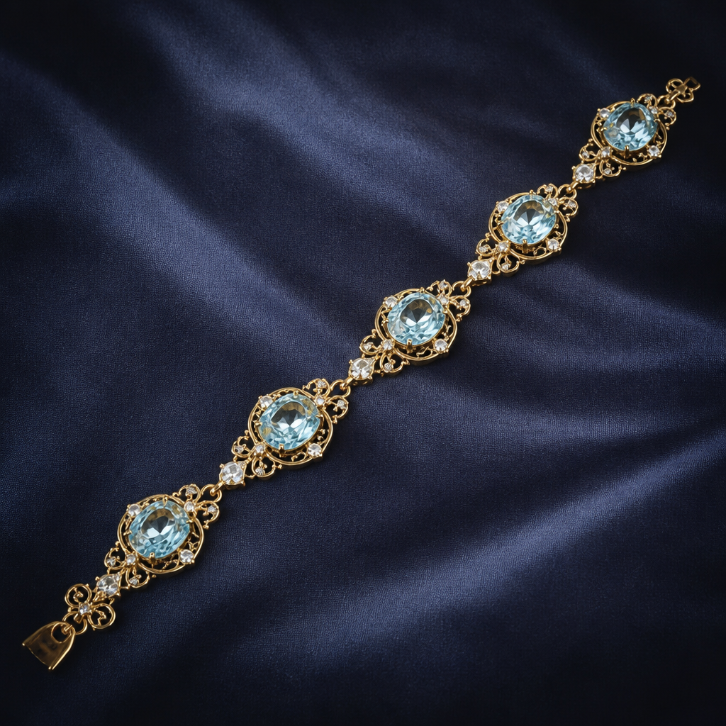 A estate women's bracelet made of gold with aquamarine stones suitable for formal, highly ornate, intricate and elaborate, richly detailed. delicado y sencillo
photorealistic jewelry design, A estate women's bracelet made of gold with aquamarine stones suitable for formal, highly ornate, intricate and elaborate, richly detailed. delicado y sencillo, estate style, just the design no text