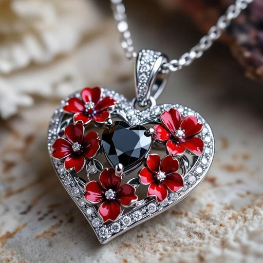 Heart of love with black diamond in the  red flowers blooming in it