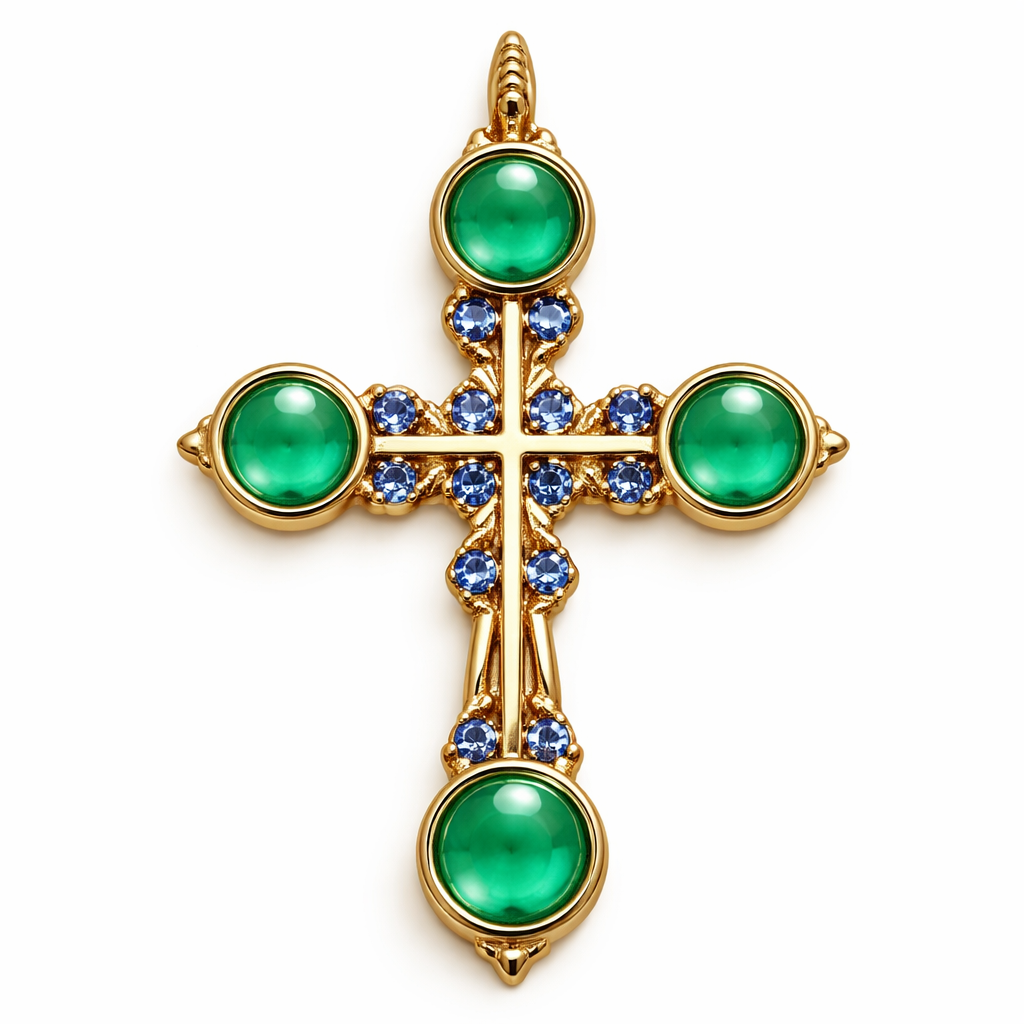 Gold Cross with 4 mm round bezels that contain cabachon emeralds. Between each emerald is 2, 1.6 mm blue sapphire stones in round bezels as well