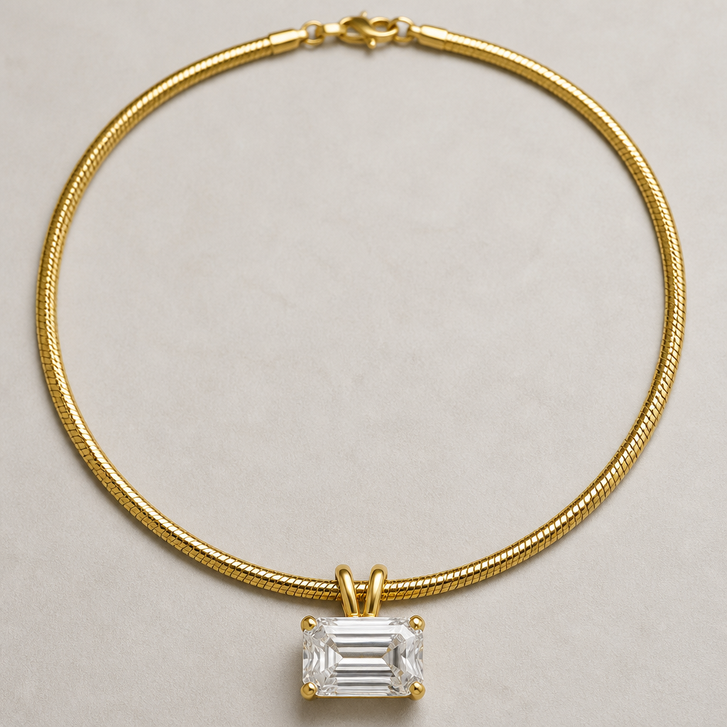 A 10ct emerald cut diamond that is 14mmx10mm. Diamond is set in a 14kt yellow gold basket setting, prong set, low profile, east to west orientation (horizontal). Double D slide bail on a 4mm omega chain 14inches. All metal is yellow gold. Show the whole chain too. No bezel anywhere
photorealistic jewelry design, A 10ct emerald cut diamond that is 14mmx10mm. Diamond is set in a 14kt yellow gold basket setting, prong set, low profile, east to west orientation (horizontal). Double D slide bail on a 4mm omega chain 14inches. All metal is yellow gold. Show the whole chain too. No bezel anywhere , modern style, just the design no text