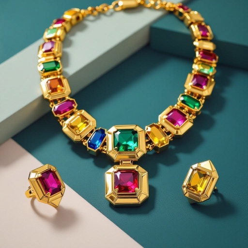 Necklace and ring and earring with luxury colorful jewel with gold