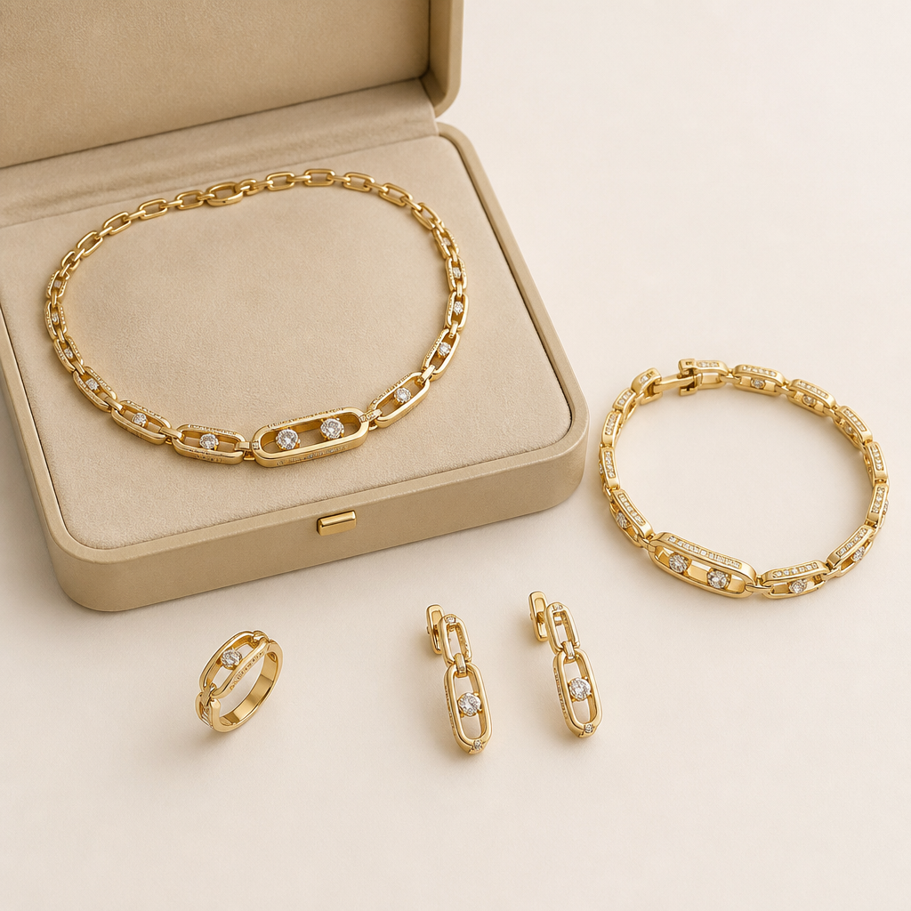 A gold women's necklace made of gold, detailed and decorative, moderately ornate. make ring and bracelet and earrings with it in the same design and make necklace and bracelet with box clasp and do it inspired of mix cartier and Messika brands
photorealistic jewelry design, A gold women's necklace made of gold, detailed and decorative, moderately ornate. make ring and bracelet and earrings with it in the same design and make necklace and bracelet with box clasp and do it inspired of mix cartier and Messika brands, gold style, just the design no text