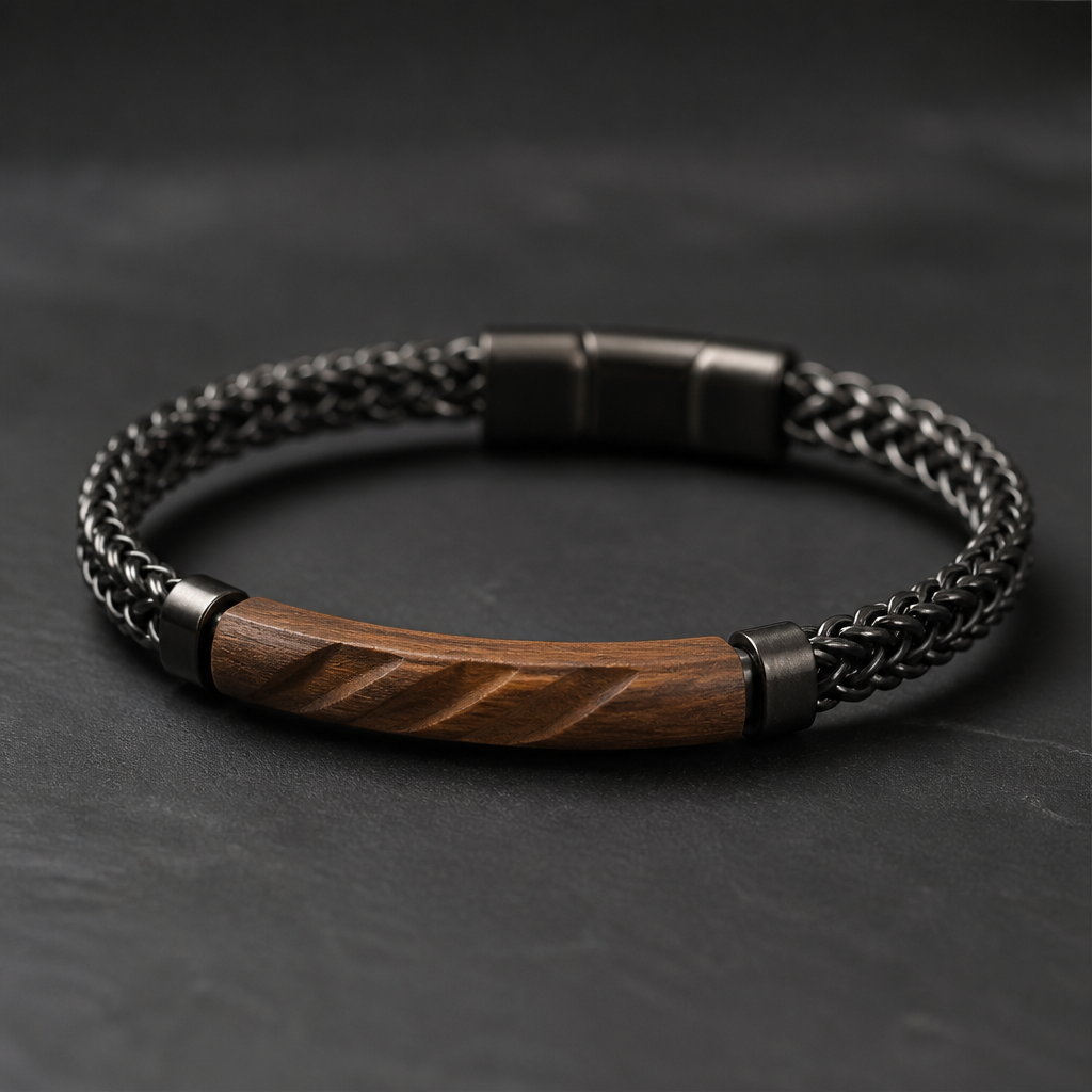 A men's bracelet. bracelet pour homme , petite partie en bois légèrement sculpté avec le reste avec un lien discret
photorealistic jewelry design, A men's bracelet. bracelet pour homme , petite partie en bois légèrement sculpté avec le reste avec un lien discret, modern style, just the design no text