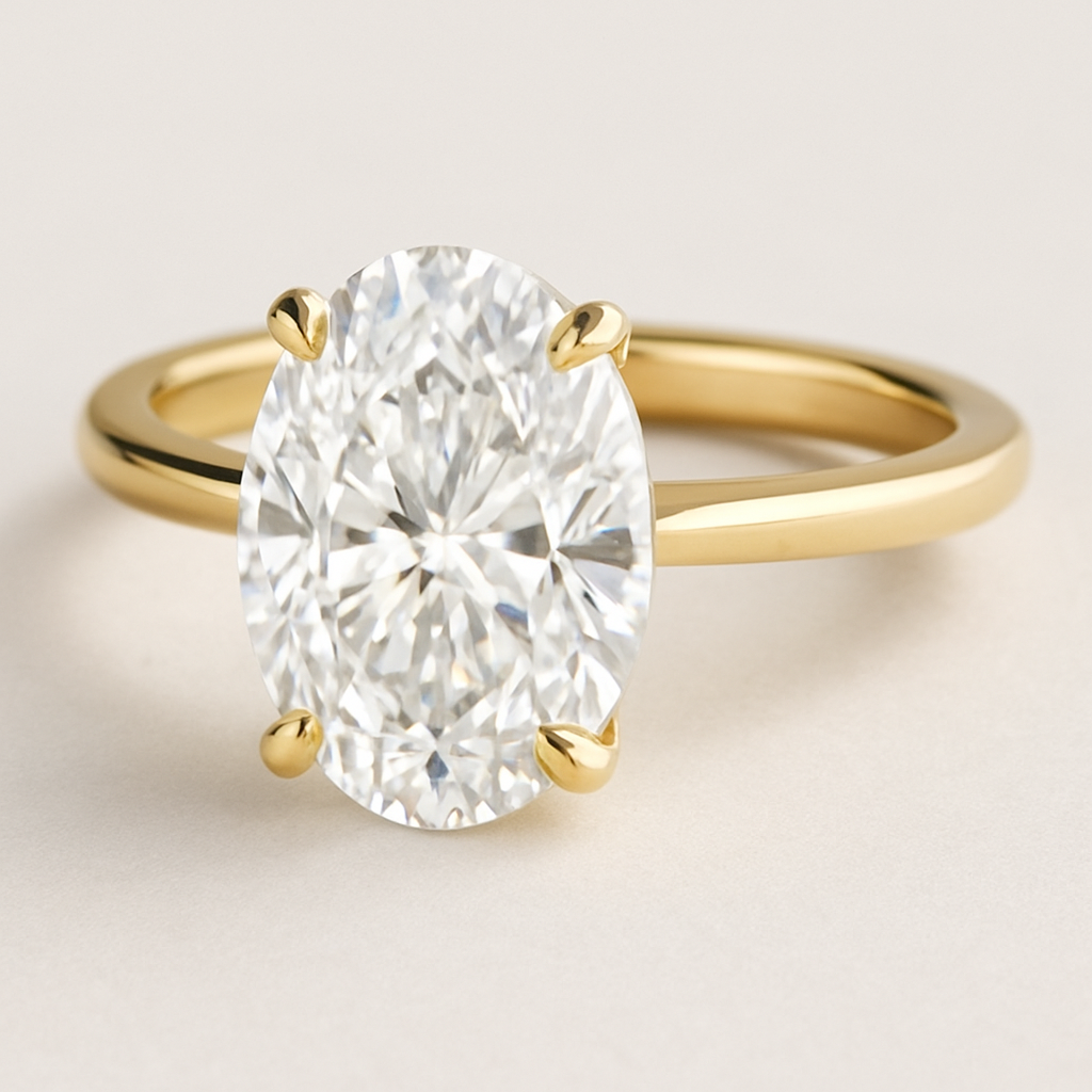 Create a 5 carat oval diamond solitaire engagement ring on a 18k yellow gold shank