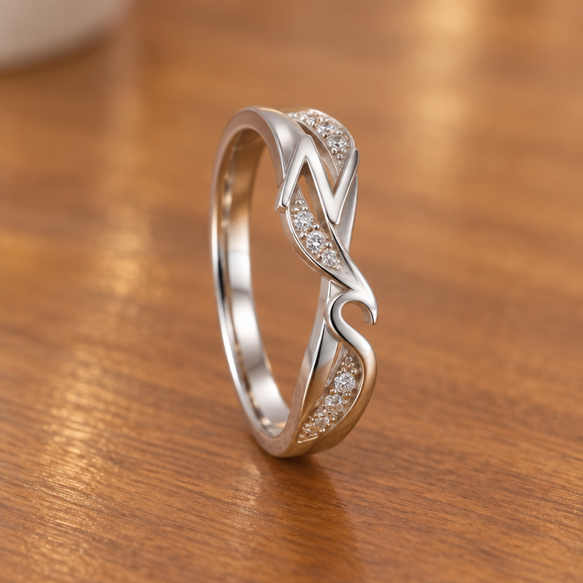 A modern women's ring made of silver suitable for anniversary, detailed and decorative, moderately ornate. 사진과 같은 꼬임 디자인에 N과 S 이니셜을 라인으로 표현해주세요.
using the attached image as a visual reference, create A modern women's ring made of silver suitable for anniversary, detailed and decorative, moderately ornate. 사진과 같은 꼬임 디자인에 N과 S 이니셜을 라인으로 표현해주세요.. photorealistic, just the design no text