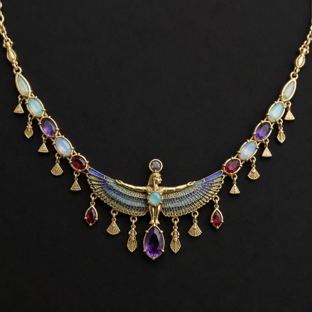 A egyptian women's necklace made of gold with aquamarine and opal and amethyst and ruby stones suitable for formal. dea alata non molto grande piccolo le pietre si sfumano con dei ciondolini che richiamano l'Egitto .
photorealistic jewelry design, A egyptian women's necklace made of gold with aquamarine and opal and amethyst and ruby stones suitable for formal. dea alata non molto grande piccolo le pietre si sfumano con dei ciondolini che richiamano l'Egitto ., egyptian style, just the design no text