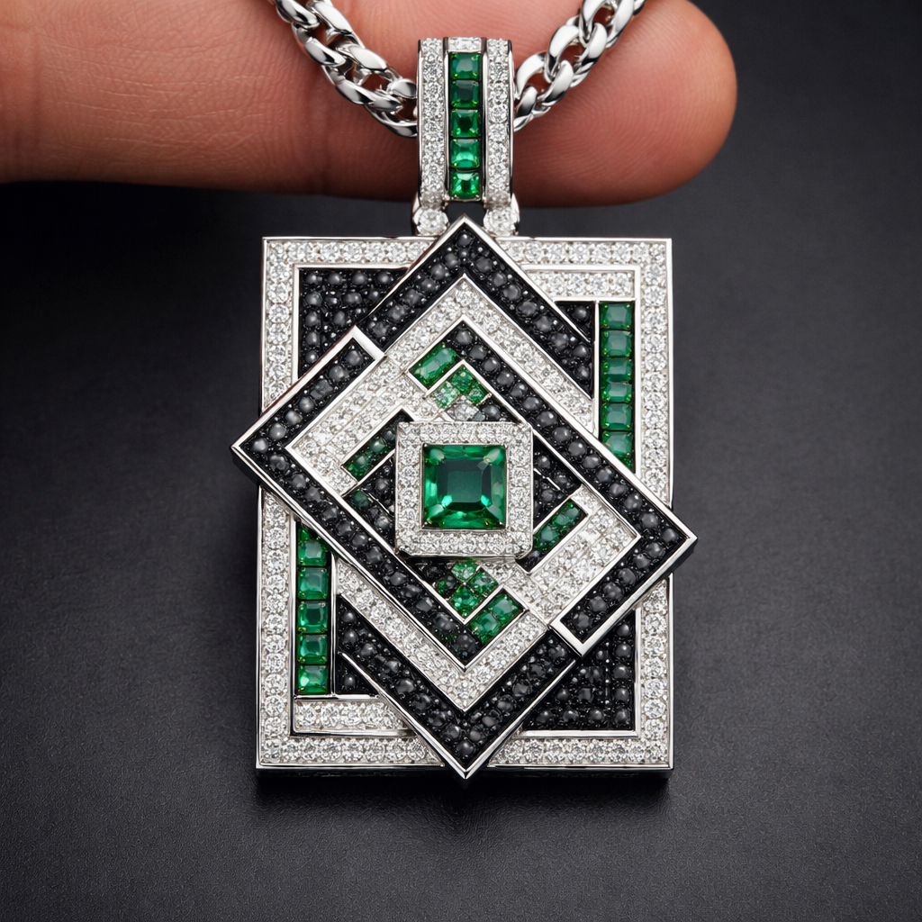 Geomatric pendant for men of rectangular and sqaure shape of white and blcak diamonds and green of unique design and special shape