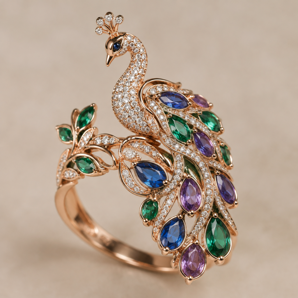 A nature-inspired women's ring made of rose gold with emerald and sapphire and amethyst stones. make a peacock by diamonds
photorealistic jewelry design, A nature-inspired women's ring made of rose gold with emerald and sapphire and amethyst stones. make a peacock by diamonds, nature_inspired style, just the design no text