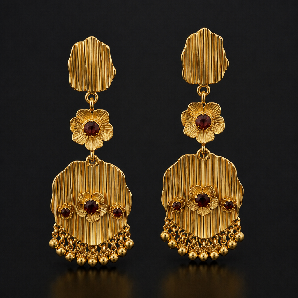A women's ring. make it as a gold earrings with straight lines irregular patterns corrugated in the top and bottom piece and middle part is a flower with maroon stone on it and on the bottom piece there is also flowers with maroon stone is placed and the last bottom part of bottom piece is filled with small gold ball hangings
photorealistic jewelry design, A women's ring. make it as a gold earrings with straight lines irregular patterns corrugated in the top and bottom piece and middle part is a flower with maroon stone on it and on the bottom piece there is also flowers with maroon stone is placed and the last bottom part of bottom piece is filled with small gold ball hangings, modern style, just the design no text