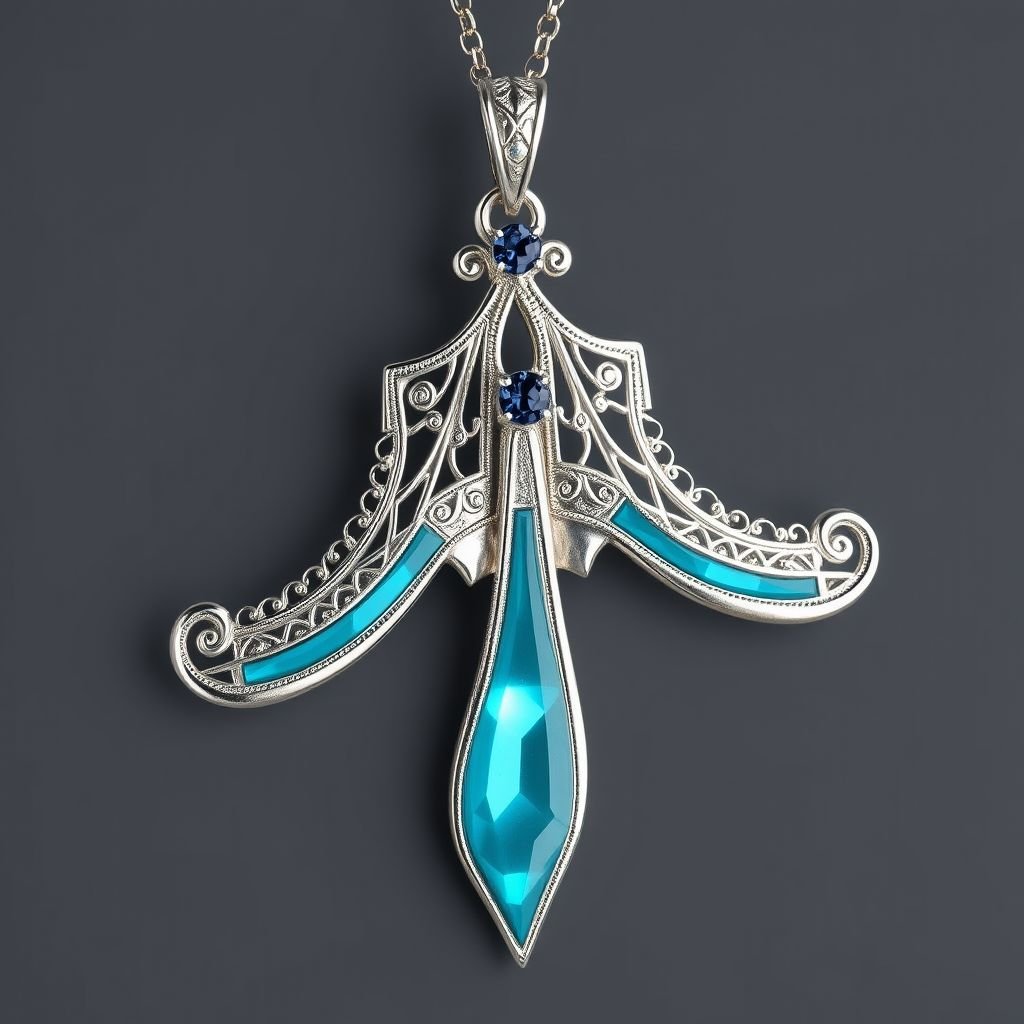 Silver pendant in the shape of ice skating blades with a turquoise stripe within the blade