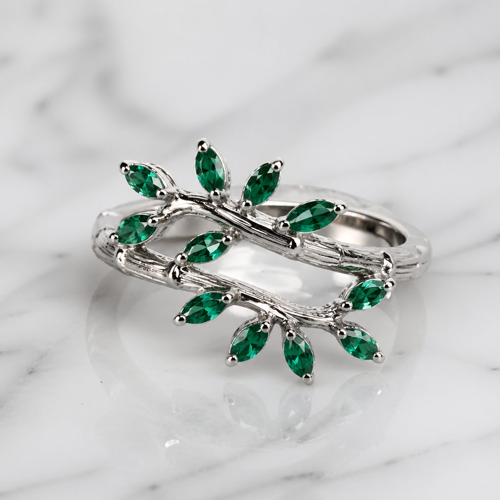 A women's ring. High-end jewelry photography of a delicate ring shaped like a silver tree branch, winding gracefully around the finger, set with marquise-cut green emeralds as leaves, realistic silver texture, cinematic lighting, macro shot, isolated on a white marble background, 8k resolution.
photorealistic jewelry design, A women's ring. High-end jewelry photography of a delicate ring shaped like a silver tree branch, winding gracefully around the finger, set with marquise-cut green emeralds as leaves, realistic silver texture, cinematic lighting, macro shot, isolated on a white marble background, 8k resolution., modern style, just the design no text