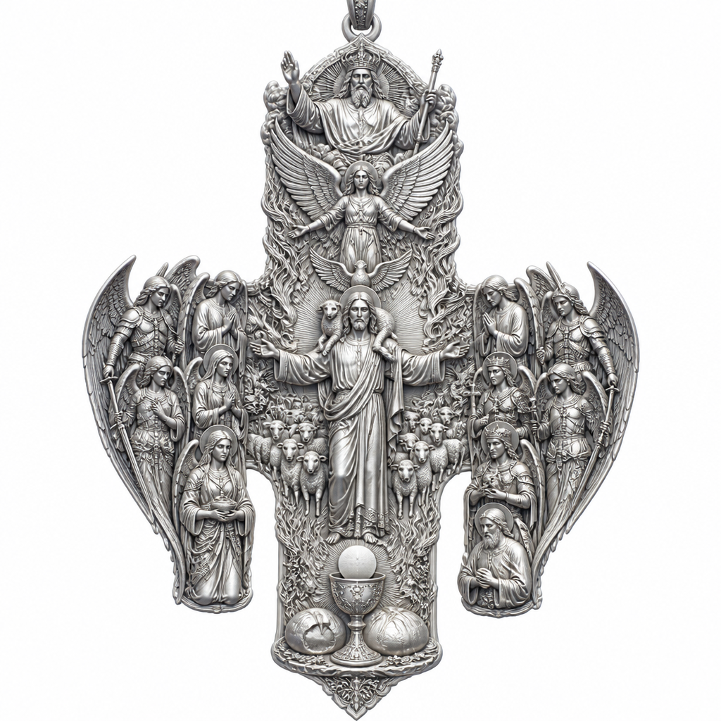 A sculptural women's pendant made of silver suitable for festival. An extraordinary excellent beautiful delicate and elegant, super modern Cross, without stones, without background only the Cross, with Jesus Christ as the Good Shepherd with a beautiful delicate and elegant face, with long hair, with a beautiful delicate elegant and fit body, with His hands wide open to receive all of us, with a beautiful delicate elegant and beautifully ornated tunic, with a beautiful delicate and elegant sheep on His shoulders, with a beautiful delicate and elegant flock of beautiful delicate and elegant sheep backward of Him. Over Jesus Christ and the flock to be placed the Holy Spirit as an Angel with a beautiful delicate and elegant face, with long hair, with big wings flying, with a beautiful delicate elegant and fit body, with a beautiful delicate elegant and beautifully ornated tunic under the Angel to be placed a beautiful delicate and elegant dove flying both of them the Angel and the dove to be surrounded by tongues of fire radiating light to Jesus Christ and the flock. Over the Holy Spirit to be placed God the Father with a beautiful delicate and elegant face, with long hair, with a beautiful delicate elegant and fit body, with a beautiful delicate and elegant tunic, with a beautiful delicate and elegant sceptre at His left hand blessing the world with His right hand, with a beautiful delicate elegant and beautifully ornated crown on His head. At the bottom of the Cross to be placed the Holy Communion with a beautiful delicate elegant and beautifully ornated chalice and two breads around the chalice. At the lower right side of the Cross to be stacked one by one Saint John the Baptist with a beautiful delicate elegant and beautifully ornated platter with his head on it. Over Saint John the Baptist to be placed Saint Constantine with a beautiful delicate and elegant face, with long hair, with a beautiful delicate and elegant crown on his head, with a beautiful delicate elegant and fit body, with a beautiful delicate and elegant armour holding a beautiful delicate elegant and beautifully ornated Cross. Over Saint Constantine to be placed Saint George with a beautiful delicate and elegant face, with long hair, with a beautiful delicate elegant and beautifully ornated helmet with a beautiful delicate elegant and fit body, with a beautiful delicate elegant and beautifully ornated armour, holding a beautiful delicate and elegant sword with his right hand at low position and near the floor giving respect to the Holy Trinity and Praying. Over Saint George to be placed Saint Peter the Apostle Praying. At the left lower side of the Cross to be placed stacked Saint Paraskevi with a beautiful delicate and elegant face, with long hair, with a beautiful delicate elegant and beautifully curved body, with a beautiful delicate elegant and beautifully ornated tunic holding a bowl with two eyes in it. Over Saint Paraskevi to be placed Saint Irene with a beautiful delicate and elegant face, with long hair, with a beautiful delicate elegant and beautifully ornated wreath on her head, with a beautiful delicate elegant and beautifully curved body, with a beautiful delicate elegant and beautifully ornated tunic Praying. Over Saint Irene to be placed Virgo Maria with a beautiful delicate and elegant face, with beautifully ornated long hair, with a beautiful delicate elegant and beautifully curved body, with a beautiful delicate elegant and beautifully ornated tunic Praying. Over Virgo Maria to be placed Saint Paul the Apostle Praying. At the right side of the Cross to be placed Saint Michael the Archangel with a beautiful delicate and elegant face, with long hair, with a beautiful delicate elegant and beautifully ornated helmet, with a beautiful delicate elegant and fit body, with big wings flying, with a beautiful delicate elegant and beautifully ornated armour, holding His beautiful delicate elegant and beautifully ornated sword low to the ground giving respect to the Holy Trinity and Praying. In front of Saint Michael the Archangel to be placed Saint Gabriel the Archangel with a beautiful delicate and elegant face, with long hair, with a beautiful delicate elegant and beautifully ornated helmet on His head, with a beautiful delicate elegant and fit body, with big wings flying, with a beautiful delicate elegant and beautifully ornated armour, holding a beautiful delicate elegant and beautifully ornated bucket of lilyes and Praying. At the left side of the Cross to be placed Saint Rafael the Archangel with a beautiful delicate and elegant face, with long hair, with a beautiful delicate elegant and beautifully ornated helmet, with a beautiful delicate elegant and fit body, with big wings flying, with a beautiful delicate elegant and beautifully ornated armour, holding a beautiful delicate elegant and beautifully ornated sword with his right hand low giving respect to the Holy Trinity and Praying. In front of Saint Rafael the Archangel to be placed the Guardian Angel with a beautiful delicate and elegant face, with long hair, with a beautiful delicate elegant and beautifully ornated with flowers wreath on His head, with a beautiful delicate elegant and fit body, with a beautiful delicate elegant and beautifully ornated tunic Praying. Make all the Angels, the Saints, God the Father, the Holy Spirit and Jesus Christ and the flock as statues.
photorealistic jewelry design, A sculptural women's pendant made of silver suitable for festival. An extraordinary excellent beautiful delicate and elegant, super modern Cross, without stones, without background only the Cross, with Jesus Christ as the Good Shepherd with a beautiful delicate and elegant face, with long hair, with a beautiful delicate elegant and fit body, with His hands wide open to receive all of us, with a beautiful delicate elegant and beautifully ornated tunic, with a beautiful delicate and elegant sheep on His shoulders, with a beautiful delicate and elegant flock of beautiful delicate and elegant sheep backward of Him. Over Jesus Christ and the flock to be placed the Holy Spirit as an Angel with a beautiful delicate and elegant face, with long hair, with big wings flying, with a beautiful delicate elegant and fit body, with a beautiful delicate elegant and beautifully ornated tunic under the Angel to be placed a beautiful delicate and elegant dove flying both of them the Angel and the dove to be surrounded by tongues of fire radiating light to Jesus Christ and the flock. Over the Holy Spirit to be placed God the Father with a beautiful delicate and elegant face, with long hair, with a beautiful delicate elegant and fit body, with a beautiful delicate and elegant tunic, with a beautiful delicate and elegant sceptre at His left hand blessing the world with His right hand, with a beautiful delicate elegant and beautifully ornated crown on His head. At the bottom of the Cross to be placed the Holy Communion with a beautiful delicate elegant and beautifully ornated chalice and two breads around the chalice. At the lower right side of the Cross to be stacked one by one Saint John the Baptist with a beautiful delicate elegant and beautifully ornated platter with his head on it. Over Saint John the Baptist to be placed Saint Constantine with a beautiful delicate and elegant face, with long hair, with a beautiful delicate and elegant crown on his head, with a beautiful delicate elegant and fit body, with a beautiful delicate and elegant armour holding a beautiful delicate elegant and beautifully ornated Cross. Over Saint Constantine to be placed Saint George with a beautiful delicate and elegant face, with long hair, with a beautiful delicate elegant and beautifully ornated helmet with a beautiful delicate elegant and fit body, with a beautiful delicate elegant and beautifully ornated armour, holding a beautiful delicate and elegant sword with his right hand at low position and near the floor giving respect to the Holy Trinity and Praying. Over Saint George to be placed Saint Peter the Apostle Praying. At the left lower side of the Cross to be placed stacked Saint Paraskevi with a beautiful delicate and elegant face, with long hair, with a beautiful delicate elegant and beautifully curved body, with a beautiful delicate elegant and beautifully ornated tunic holding a bowl with two eyes in it. Over Saint Paraskevi to be placed Saint Irene with a beautiful delicate and elegant face, with long hair, with a beautiful delicate elegant and beautifully ornated wreath on her head, with a beautiful delicate elegant and beautifully curved body, with a beautiful delicate elegant and beautifully ornated tunic Praying. Over Saint Irene to be placed Virgo Maria with a beautiful delicate and elegant face, with beautifully ornated long hair, with a beautiful delicate elegant and beautifully curved body, with a beautiful delicate elegant and beautifully ornated tunic Praying. Over Virgo Maria to be placed Saint Paul the Apostle Praying. At the right side of the Cross to be placed Saint Michael the Archangel with a beautiful delicate and elegant face, with long hair, with a beautiful delicate elegant and beautifully ornated helmet, with a beautiful delicate elegant and fit body, with big wings flying, with a beautiful delicate elegant and beautifully ornated armour, holding His beautiful delicate elegant and beautifully ornated sword low to the ground giving respect to the Holy Trinity and Praying. In front of Saint Michael the Archangel to be placed Saint Gabriel the Archangel with a beautiful delicate and elegant face, with long hair, with a beautiful delicate elegant and beautifully ornated helmet on His head, with a beautiful delicate elegant and fit body, with big wings flying, with a beautiful delicate elegant and beautifully ornated armour, holding a beautiful delicate elegant and beautifully ornated bucket of lilyes and Praying. At the left side of the Cross to be placed Saint Rafael the Archangel with a beautiful delicate and elegant face, with long hair, with a beautiful delicate elegant and beautifully ornated helmet, with a beautiful delicate elegant and fit body, with big wings flying, with a beautiful delicate elegant and beautifully ornated armour, holding a beautiful delicate elegant and beautifully ornated sword with his right hand low giving respect to the Holy Trinity and Praying. In front of Saint Rafael the Archangel to be placed the Guardian Angel with a beautiful delicate and elegant face, with long hair, with a beautiful delicate elegant and beautifully ornated with flowers wreath on His head, with a beautiful delicate elegant and fit body, with a beautiful delicate elegant and beautifully ornated tunic Praying. Make all the Angels, the Saints, God the Father, the Holy Spirit and Jesus Christ and the flock as statues., sculptural style, just the design no text