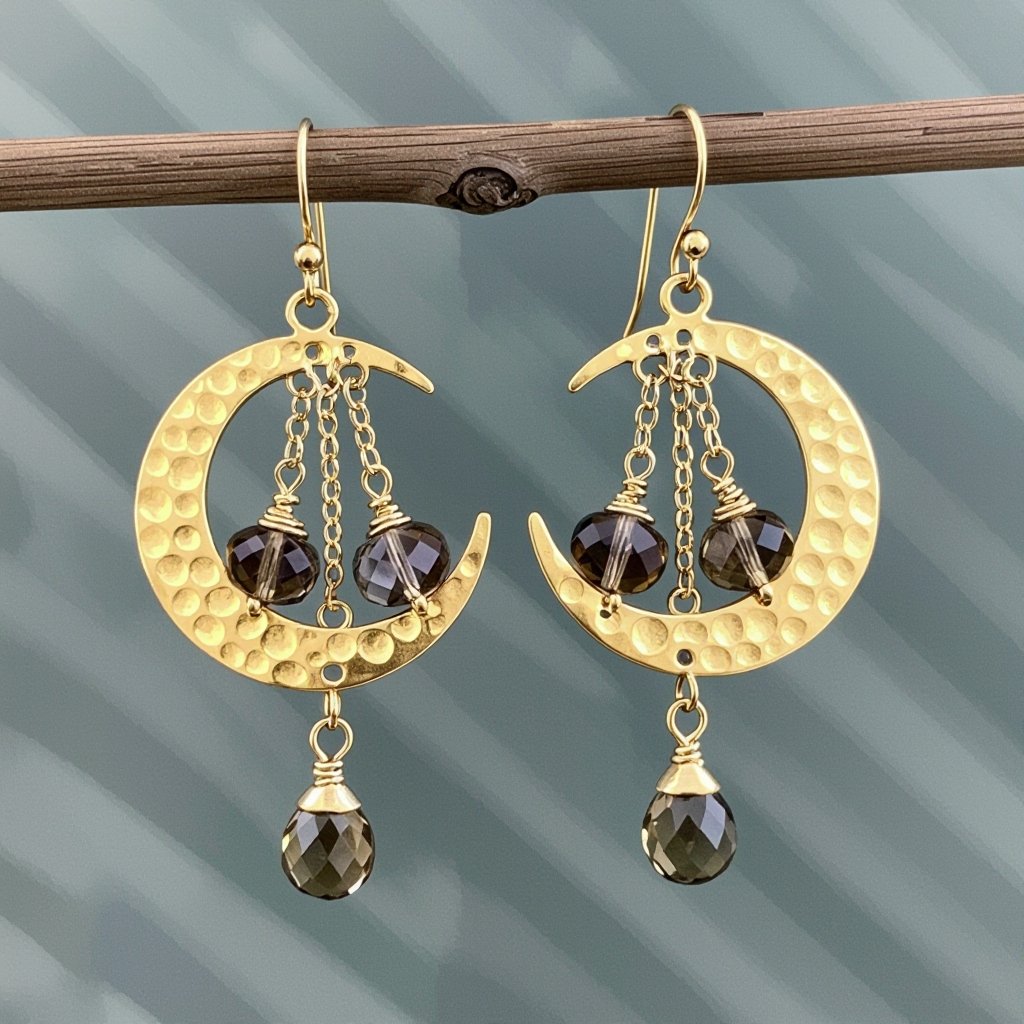 Золотые серьги полумесяц вертикальный 2 см, сверху крепится к швензе. От полумесяца идет три цепочки золотого цвета, у каждой на конце камушек раухтопаз