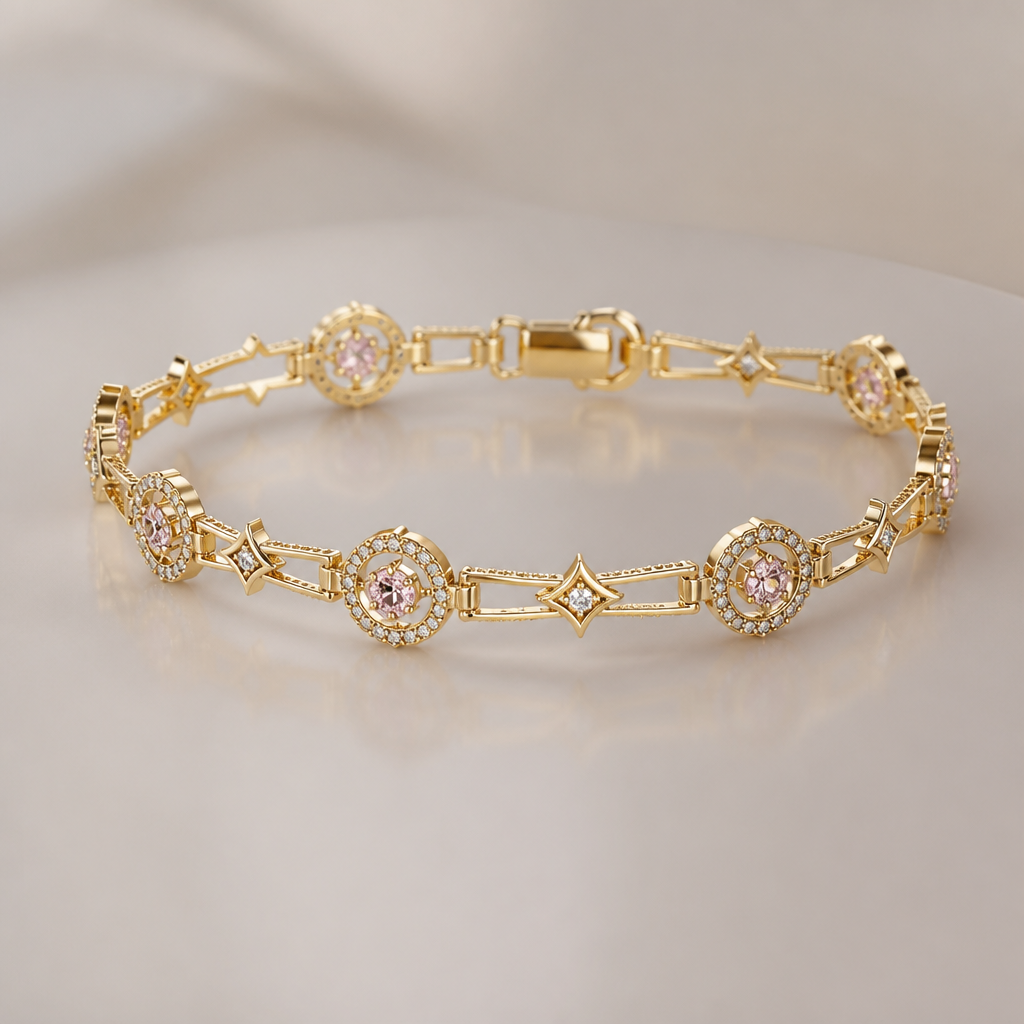 A women's bracelet made of gold with diamond stones, detailed and decorative, moderately ornate. Qu'il soit en Or et que le bijou soit comme un bracelet et surtout qu'il ait de petits diamants chaque 2 cm et que ce soit un bracelet avec une largeur d'anviron 2cmou 1 juste qu'il soit pas super grand et gros et qu'il ait dans les petits diamants des petits trucs rose et aussi qu'il ait une petite étoile en 4 côtés sur le côté du bracelet qu'il soit très beau et que ce soit en 2K
photorealistic jewelry design, A women's bracelet made of gold with diamond stones, detailed and decorative, moderately ornate. Qu'il soit en Or et que le bijou soit comme un bracelet et surtout qu'il ait de petits diamants chaque 2 cm et que ce soit un bracelet avec une largeur d'anviron 2cmou 1 juste qu'il soit pas super grand et gros et qu'il ait dans les petits diamants des petits trucs rose et aussi qu'il ait une petite étoile en 4 côtés sur le côté du bracelet qu'il soit très beau et que ce soit en 2K, modern style, just the design no text
