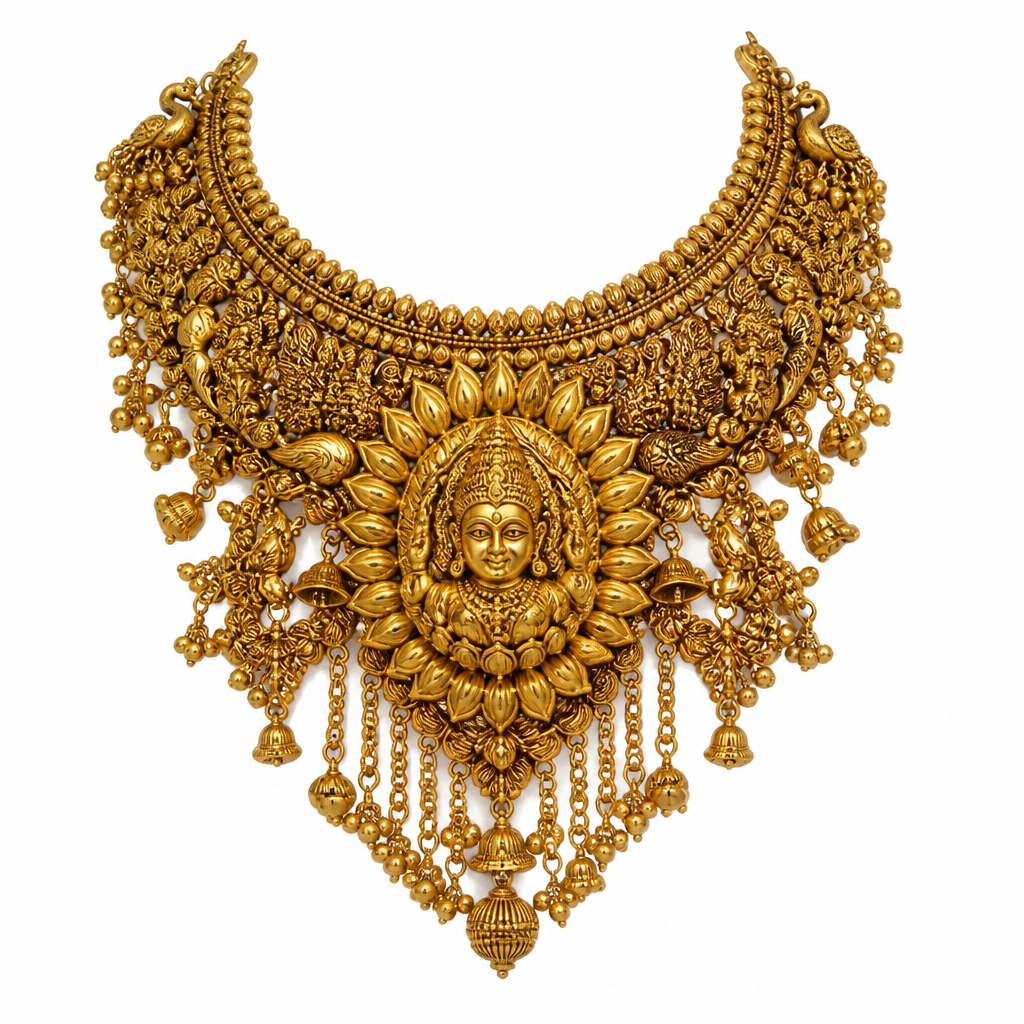 Create an extraordinary 22K pure gold necklace inspired by a rural Indian goddess (Gramdevi). The necklace should feature a majestic central goddess face surrounded by handcrafted lotus petals, sacred sun rays, temple bells, peacock feathers, mango motifs, and traditional village artistry. Incorporate layers of antique gold chains, hanging ghungroo elements, and intricate hand-carved details inspired by old Maharashtrian temple jewelry. The design should look powerful, divine, and sacred rather than modern. Rich antique gold finish, heirloom-quality craftsmanship, grand statement piece fit for a goddess idol or village queen, ultra-realistic jewelry photography, white background, 4K luxury render.”
photorealistic jewelry design, Create an extraordinary 22K pure gold necklace inspired by a rural Indian goddess (Gramdevi). The necklace should feature a majestic central goddess face surrounded by handcrafted lotus petals, sacred sun rays, temple bells, peacock feathers, mango motifs, and traditional village artistry. Incorporate layers of antique gold chains, hanging ghungroo elements, and intricate hand-carved details inspired by old Maharashtrian temple jewelry. The design should look powerful, divine, and sacred rather than modern. Rich antique gold finish, heirloom-quality craftsmanship, grand statement piece fit for a goddess idol or village queen, ultra-realistic jewelry photography, white background, 4K luxury render.”, byzantine style, just the design no text