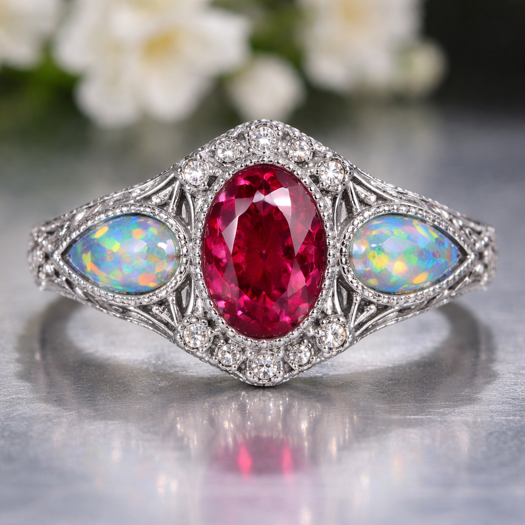 A beautiful Burmese movie with a silver band with beautiful art, deco, designs, complete beautiful Australian opals on both sides
A beautiful Burmese movie with a silver band with beautiful art, deco, designs, complete beautiful Australian opals on both sides, art_deco style