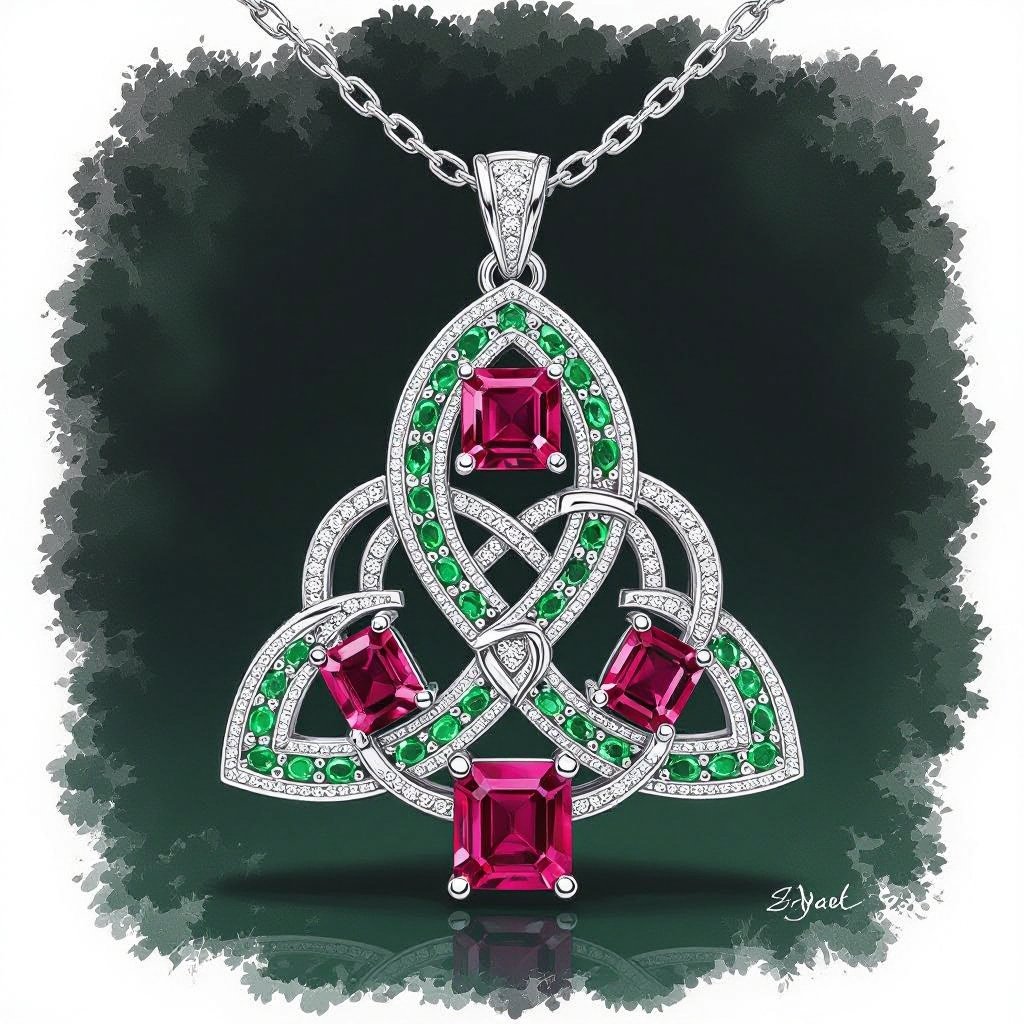  A celtic 50 carat necklace with VVS emerald-cut  ruby gemstones and 18k silver chain