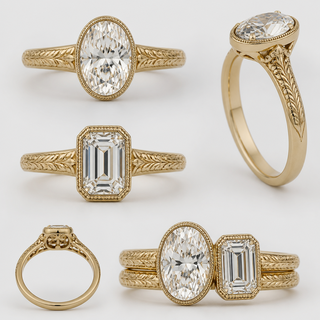 A vintage engagement ring that can be stacked to create a toi et moi setting with an oval (around 3 carats) and an emerald (2 carats) with milgrain bezel on each stone and a hidden halo and vintage/romantic inspired engravings
photorealistic jewelry design, A vintage engagement ring that can be stacked to create a toi et moi setting with an oval (around 3 carats) and an emerald (2 carats) with milgrain bezel on each stone and a hidden halo and vintage/romantic inspired engravings, just the design no text