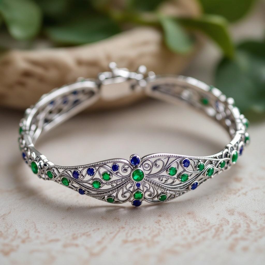 Make a bracelet with silver filigree peacock pattern along with emerald and sapphires