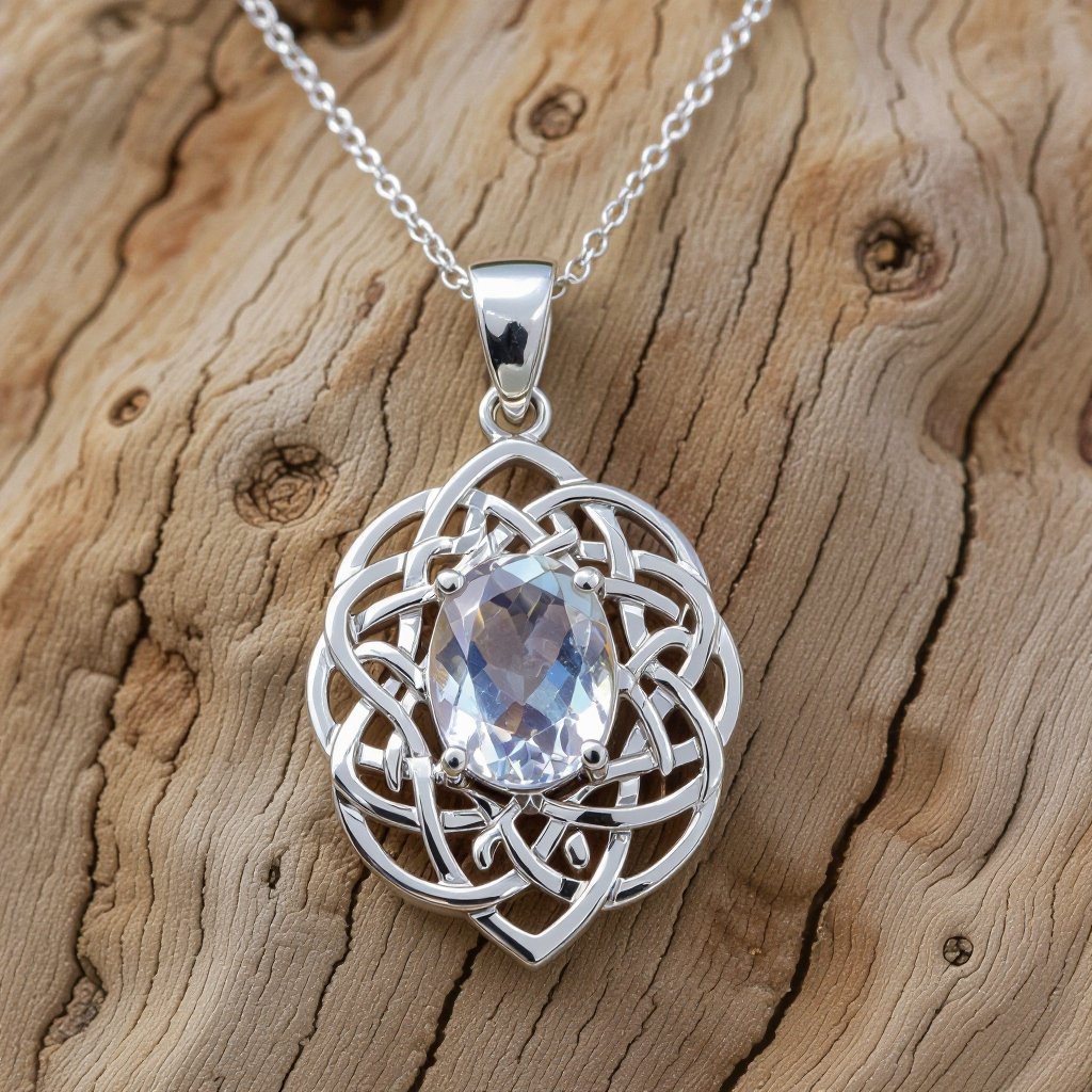 A Celtic 50 carat oval-cut IF smooth moonstone gemstone necklace gemstone with white gold lining around it