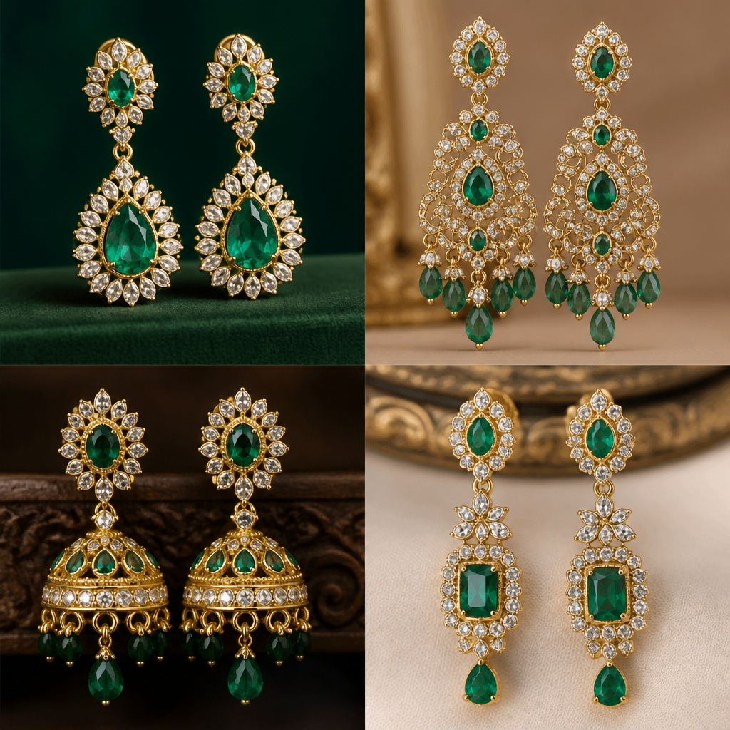 A royal women's earrings made of gold with emerald stones suitable for engagement. I need different types of earrings for this
photorealistic jewelry design, A royal women's earrings made of gold with emerald stones suitable for engagement. I need different types of earrings for this, royal style, just the design no text