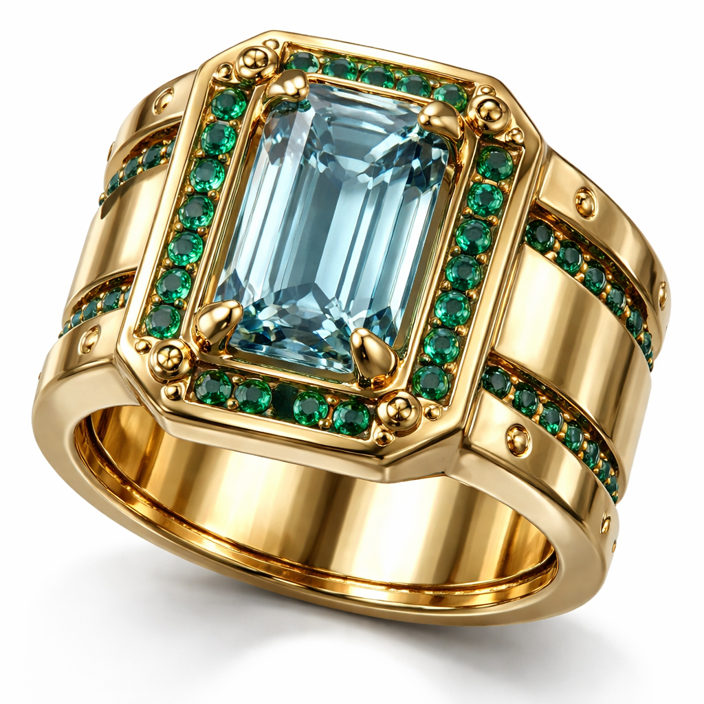 Wide yellow gold band with vertical emerald cut aquamarine center stone surrounded by emeralds