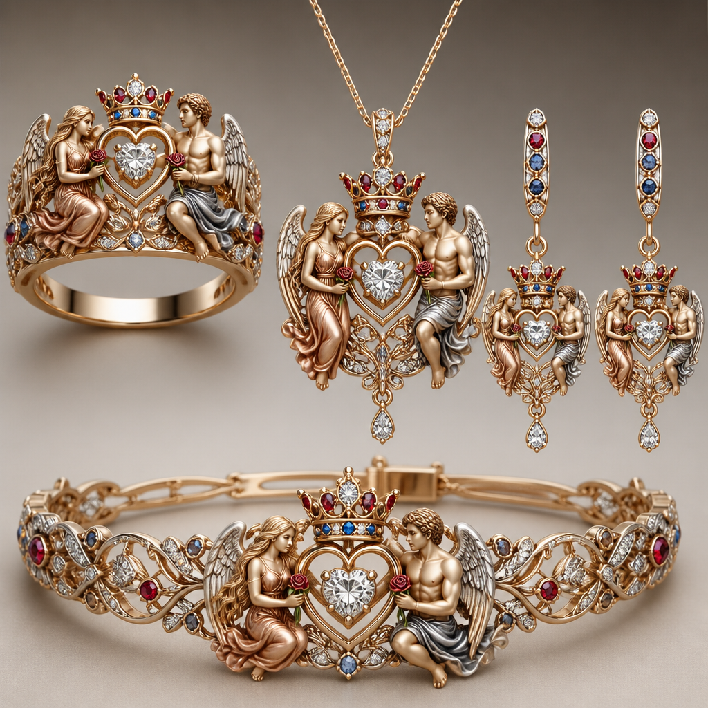 A nature women's ring made of mixed metal with diamond and ruby and sapphire stones suitable for wedding. An extraordinary beautiful delicate elegant and excellent set of jewelry with a beautiful delicate and elegant ring, two ear rings, a pendant and a bracelet with a heart at the middle and a diamond in the middle of the heart over the heart to be placed a beautiful delicate and elegant queen crown with a diamond in the middle and rubies and sapphires all around the crown, with an extraordinary beautiful delicate and elegant female Angel with a beautiful delicate and elegant face with long hair holding a heart with Her right hand and a rose with Her left hand at the right side of the heart and an extraordinary beautiful delicate and elegant male Angel with an extraordinary beautiful delicate elegant and fit body with a beautiful delicate and elegant face with short hair holding a heart with His right hand and a rose with His left hand at the left side of the heat. Both Angels to be placed to all the items of the set. The Angels to be adult Angels at all the items of the set. The crown to be placed on the heart.