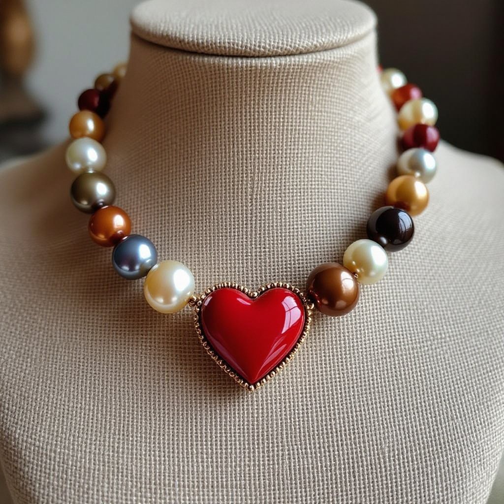 Necklace cute with red hearts pearls and brown, beige and grey pearls